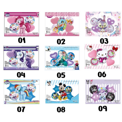 Set globo personajes por 5pcs( Pony, Princesas, Frozen, Mickey, Kulomi,hello kitty y Rocío estelar）