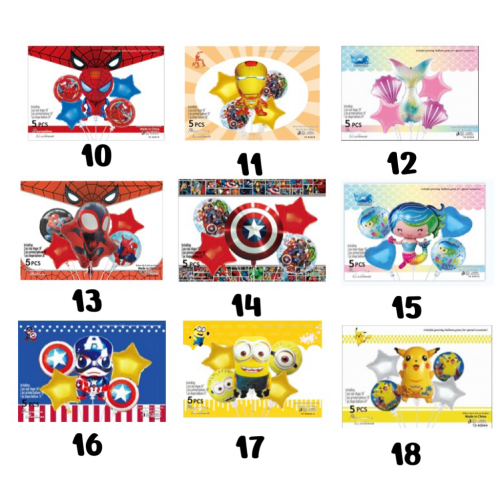 Set globo personajes 5pcs (Avengres, spider-man, Miño, sirena y piikachu)