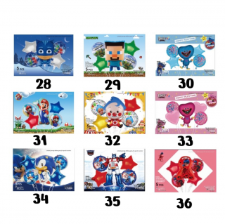 Set globo personajes 5pcs (Pijama, Mario, Sonic, Minecraft, blim blim, transformen, poppi y Miraculous)